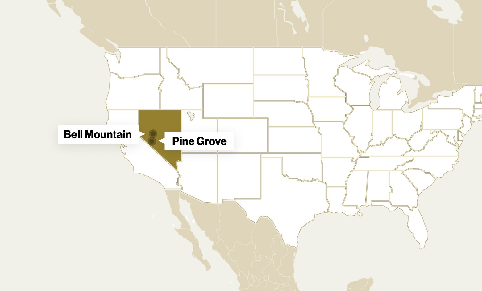 Map showing the location of the Bell Mountain and Pine Grove projects in western Nevada