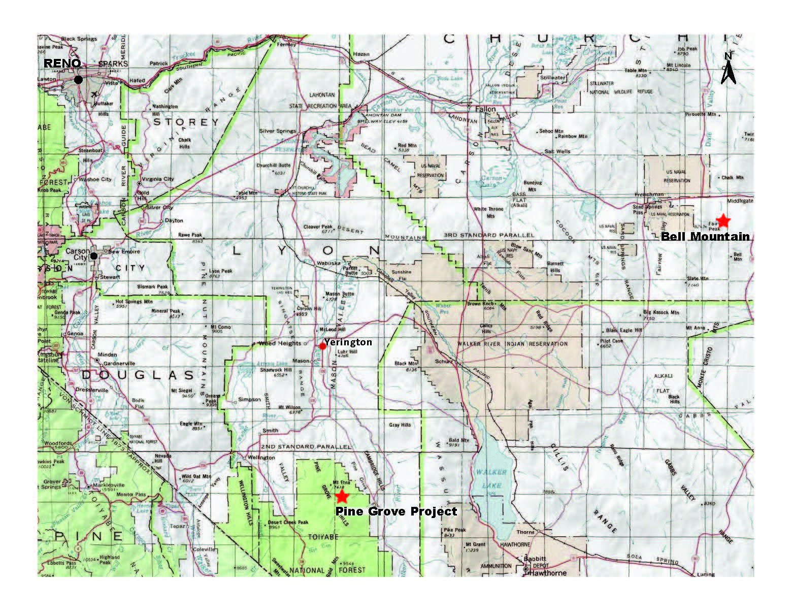 Map of southwestern Nevada showing the Pine Grove and Bell Mountain project locations